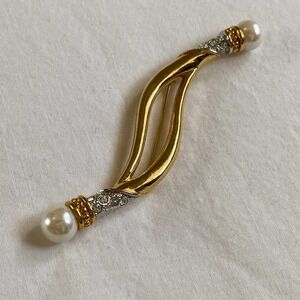 VTG Gold Pearl CZ Diamond Wavy Brooch Pin